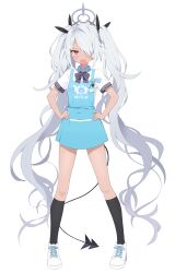 Rule 34 | 1girl, absurdres, angel&#039;s 24 uniform (blue archive), apron, billbung, black socks, black tail, blue apron, blue archive, blush, collared shirt, dark-skinned female, dark skin, demon tail, grey hair, grey halo, hair over one eye, halo, hands on own hips, highres, iori (blue archive), kneehighs, long hair, looking at viewer, open mouth, red eyes, shirt, shoes, short sleeves, simple background, socks, solo, tail, very long hair, white background, white footwear, white shirt