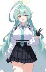 Rule 34 | 1girl, ahoge, black gloves, black skirt, blue archive, blue necktie, blush, collared shirt, cowboy shot, gloves, green hair, halo, highres, kousuke0912, long hair, long sleeves, looking at viewer, necktie, open mouth, pleated skirt, shirt, simple background, skirt, smile, solo, v, white background, white shirt, yellow eyes, yellow halo, yume (blue archive)