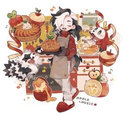 Rule 34 | 1boy, apple, apple pie, applin, apron, black hair, blush, bowl, brown apron, brown pants, cake, closed eyes, commentary request, cream, creatures (company), english text, food, fruit, fruit tart, fuecoco, full body, game freak, gen 3 pokemon, gen 8 pokemon, highres, holding, honey, kettle, kitchen, long hair, multicolored hair, musical note, nintendo, oven, oven mitts, pants, pastry bag, peeling, pie, piers (pokemon), pokemon, pokemon (creature), pokemon swsh, red sweater, saku anna, slippers, smile, socks, spoon, sweater, swiss roll, tart (food), teeth, two-tone hair, upper teeth only, white hair, white socks, zigzagoon