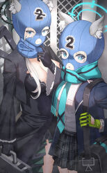 Rule 34 | 2girls, absurdres, animal ears, assault rifle, balaclava, black gloves, blazer, blue archive, blue eyes, breasts, cleavage, dress, gloves, green gloves, grey hair, halo, highres, holding, holding suitcase, jacket, large breasts, long hair, mask, medium breasts, multiple girls, necktie, open mouth, pleated skirt, scarf, school uniform, shiroko (blue archive), shiroko terror (blue archive), sig sauer 556, skirt, suitcase, sysen