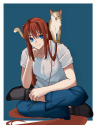 Rule 34 | 1girl, absurdres, animal, animal on shoulder, aozaki aoko, blue background, blue eyes, cat, closed mouth, crossed legs, full body, highres, indian style, long hair, looking at viewer, open mouth, pikaremon, red hair, short sleeves, simple background, sitting, smile, tsukihime, very long hair