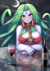 Rule 34 | 1girl, alcohol, blush, bottle, breasts, choker, closed mouth, cloud, colored skin, commentary, commission, crescent moon, cup, echidna (monster girl encyclopedia), english commentary, facial mark, forehead mark, glass table, green hair, highres, kuronekozero, lamia, large breasts, long hair, looking at viewer, monster girl, monster girl encyclopedia, moon, navel, night, parted lips, pointy ears, pov, pov across table, purple skin, sky, slit pupils, smile, snake, snake hair, solo, table, tail, tattoo, tongue, wine, yellow eyes
