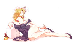 Rule 34 | 1girl, adjusting footwear, bad id, bad pixiv id, bare legs, bare shoulders, blonde hair, blush, breasts, cleavage, collarbone, covered erect nipples, dress, full body, hair ribbon, hat, high heels, large breasts, long hair, lying, mob cap, non (z-art), on side, pillow, profile, purple eyes, purple footwear, ribbon, simple background, solo, thighs, touhou, tress ribbon, white background, yakumo yukari
