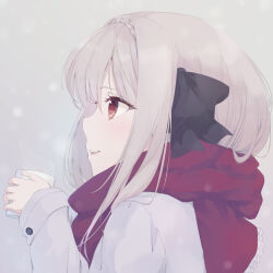 Rule 34 | 1girl, black bow, blush, bow, braid, close-up, coat, coffee1223, commentary, crown braid, cup, enpera, eyelashes, from side, grey background, grey coat, grey hair, grey theme, hair bow, highres, holding, holding cup, long hair, long sleeves, looking afar, outdoors, parted lips, profile, red eyes, red scarf, sakurakouji luna, scarf, simple background, smile, snowing, solo, teeth, tsuki ni yorisou otome no sahou, upper teeth only, winter