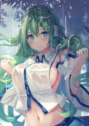 Rule 34 | 1girl, blue eyes, blush, breasts, closed mouth, collared shirt, commentary request, detached sleeves, duplicate, floating hair, frog hair ornament, green hair, hair between eyes, hair ornament, hair tubes, highres, kochiya sanae, large breasts, liya, long hair, looking at viewer, navel, no bra, pixel-perfect duplicate, rain, raised eyebrows, see-through, shirt, sideboob, sleeveless, sleeveless shirt, snake hair ornament, touhou, tree, upper body, wet, wet clothes, white shirt, wide sleeves