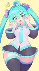 Rule 34 | 1girl, :o, absurdres, ahoge, aqua hair, aqua nails, aqua necktie, bare shoulders, black skirt, black sleeves, black thighhighs, blue eyes, breasts, commentary, detached sleeves, fang, gradient eyes, grey shirt, hatsune miku, highres, lightning bolt symbol, medium breasts, multicolored eyes, necktie, nishitin, open mouth, paw pose, pink eyes, pleated skirt, shirt, skirt, solo, thick thighs, thighhighs, thighs, twintails, vocaloid, yellow background
