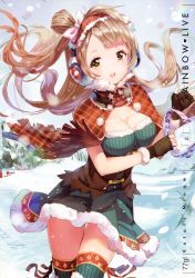 Rule 34 | 10s, 1girl, 77gl, :d, absurdres, breasts, brown hair, capelet, character name, cleavage, cleavage cutout, clothing cutout, cowboy shot, dress, earmuffs, green thighhighs, hairband, heart, highres, large breasts, love live!, love live! school idol festival, love live! school idol project, minami kotori, open mouth, smile, snow, standing, striped clothes, striped thighhighs, thigh gap, thighhighs, underbust, vertical-striped clothes, vertical-striped thighhighs