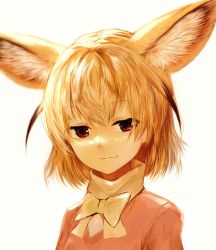 Rule 34 | 10s, 1girl, :3, animal ear fluff, animal ears, blonde hair, bow, bowtie, fennec (kemono friends), fox ears, highres, jacket, kemono friends, looking at viewer, red eyes, short hair, simple background, smile, smug, solo, sukemyon, upper body, white background, yellow bow, yellow bowtie