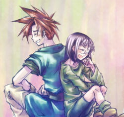 Rule 34 | 1990s (style), chrono (series), chrono trigger, crono (chrono trigger), closed eyes, glasses, happy, imoyama, lucca ashtear, open mouth, purple hair, red hair, short hair, smile, spiked hair