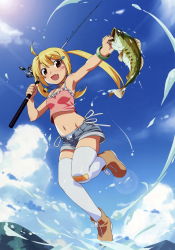 Rule 34 | 1girl, :d, bandaid, bandaid on knee, bandaid on leg, blonde hair, blue sky, breasts, brown eyes, cloud, crop top, crop top overhang, day, denim, denim shorts, fang, fish, fish hair ornament, fishing, fishing rod, full body, hair ornament, highres, jamie (let&#039;s try bass fishing), legs, lens flare, let&#039;s try bass fishing, looking at viewer, midriff, navel, open mouth, short shorts, shorts, sky, small breasts, smile, spaghetti strap, splashing, sun, sunlight, tank top, thighhighs, twintails, watanabe akio, white thighhighs, zettai ryouiki
