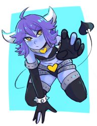 Rule 34 | 1girl, aqua background, arm support, blue skin, blush, border, bracelet, bright pupils, character request, collar, colored skin, commentary, copyright request, demon girl, demon horns, demon tail, english commentary, flipped hair, gloves, hair between eyes, heart, highres, horns, jewelry, kneeling, looking at viewer, monster girl, outside border, pie (aipiepo), purple hair, reaching, reaching towards viewer, short hair, solo, spiked bracelet, spikes, tail, thighhighs, white border, white pupils, yellow eyes