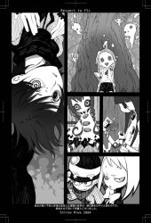 Rule 34 | :d, androgynous, cave, comic, crazy eyes, farllee, gender request, greyscale, head tilt, looking at viewer, miwa shirow, monochrome, monster, muzz, open mouth, outdoors, short hair, smile, standing, upper body