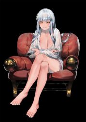 Rule 34 | 1girl, bad id, bad pixiv id, barefoot, black background, blouse, blunt bangs, blush, breasts, casual, chair, cleavage, commentary request, controller, crossed legs, facial mark, feet, frown, girls&#039; frontline, green eyes, hair ornament, highres, hk416 (girls&#039; frontline), holding, holding remote control, ihobus, jewelry, large breasts, leaning forward, long hair, long sleeves, looking away, pink shorts, remote control, ring, shirt, short shorts, shorts, silver hair, simple background, solo, tearing up, toes, very long hair, wedding band, white shirt