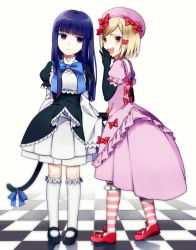 Rule 34 | 2girls, black gloves, blonde hair, blue hair, bow, cat tail, checkered floor, dress, elbow gloves, fang, floor, frederica bernkastel, gloves, hand to own mouth, hat, kneehighs, lambdadelta, lolita fashion, long sleeves, mary janes, multiple girls, no naku koro ni (series), open mouth, pink hat, purple eyes, red eyes, ryuukishi07, shoes, short sleeves, smile, socks, striped clothes, striped legwear, striped socks, tail, towa1, umineko no naku koro ni, white legwear