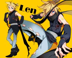 Rule 34 | 1boy, bare shoulders, belt, black scarf, black shirt, black sleeves, blonde hair, blue eyes, boots, bridal gauntlets, character name, commentary, covered mouth, denim, diamond cutout, eyeliner, highres, japanese clothes, jeans, kagamine len, looking at viewer, makeup, male focus, motu0505, multiple views, nail polish, pants, ribbon, scarf, shirt, short ponytail, sleeveless, sleeveless shirt, spiked hair, standing, vocaloid, yellow background, yellow nails