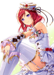 Rule 34 | 10s, 1girl, armband, blush, breasts, commentary request, detached sleeves, dress, fingernails, flower, frilled sleeves, frills, garter straps, hair ornament, hairpin, hands on own knees, hat, highres, knees up, looking at viewer, love live!, love live! school idol festival, love live! school idol project, medium breasts, murakami yuichi, nishikino maki, purple eyes, red flower, red hair, red rose, revision, rose, short hair, sideboob, sitting, smile, solo, thighhighs, thighs, white dress, white thighhighs