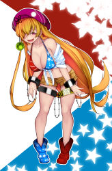Rule 34 | 1girl, :d, absurdres, aged up, alternate breast size, alternate costume, alternate headwear, american flag bikini, american flag bikini top, american flag print, aoshima, asymmetrical footwear, barbed wire, bare legs, bare shoulders, beret, bikini, bikini top only, blonde hair, blue background, blue bikini, blue footwear, blush, boots, breasts, caution, cleavage, clownpiece, collarbone, commentary request, crop top, flag print, full body, hair over one eye, hat, highres, large breasts, leaning forward, long hair, looking at viewer, midriff, mismatched footwear, multicolored background, multicolored bikini, multicolored clothes, navel, off shoulder, open mouth, print bikini, purple eyes, purple hat, red background, red bikini, red footwear, shirt, short shorts, short sleeves, shorts, smile, solo, standing, star (symbol), star print, stomach, striped bikini, striped bikini top, striped clothes, swimsuit, thigh strap, thighs, tied shirt, touhou, very long hair, white background, white shirt, wrist cuffs, yellow shorts