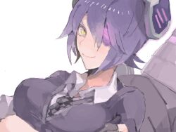 Rule 34 | 1girl, artist request, bad drawr id, bad id, black necktie, black shirt, breasts, checkered necktie, closed mouth, collared shirt, crossed arms, dutch angle, eyepatch, fingerless gloves, gloves, grey gloves, headgear, kantai collection, large breasts, long sleeves, looking at viewer, necktie, oekaki, purple hair, shirt, short hair, slit pupils, smile, solo, tenryuu (kancolle), upper body, white shirt, yellow eyes