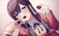 1boy 1girl aoto_neko black_hair black_ribbon blazer blue_eyes blush box box_of_chocolates brown_sweater candy chocolate chocolate_heart collared_shirt colored_inner_hair dress_shirt food food_in_mouth heart heart-shaped_food highres holding holding_chocolate holding_food holding_hands jacket multicolored_hair open_clothes open_jacket original pov pov_hands red_jacket ribbon shirt solo_focus sweater valentine white_shirt