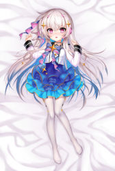 Rule 34 | 1girl, alternate costume, arms at sides, bed, blush, crossed bangs, double exposure, ehart, frilled skirt, frills, full body, girls&#039; frontline, gold trim, hair ornament, headphones, long hair, looking at viewer, lying, multicolored hair, open mouth, pantyhose, purple eyes, ribbon, silver hair, skirt, solo, star (symbol), usas-12 (girls&#039; frontline), usas-12 (vrain power) (girls&#039; frontline), vest, white pantyhose