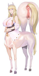 Rule 34 | 1girl, animal ears, anus, bar censor, blonde hair, blue eyes, blush, braid, breasts, censored, centaur, full body, highres, horse ears, horse pussy, jewelry, large breasts, long hair, monster girl, mosaic censoring, multiple views, nipples, original, own hands together, parted lips, pussy, ring, see-through, simple background, smile, sohn woohyoung, taur, wedding band, white background