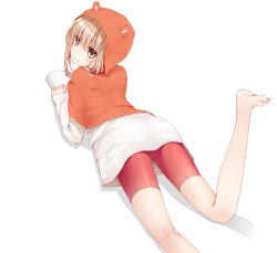 Rule 34 | 10s, 1girl, animal hood, ass, barefoot, bike shorts, book, brown eyes, brown hair, casual, doma umaru, feet, himouto! umaru-chan, hood, leg up, looking at viewer, lying, on stomach, simple background, smile, solo, uttt, white background