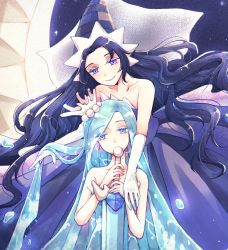 Rule 34 | 1girl, 2girls, bare shoulders, barefoot, blue eyes, blue hair, breasts, cleavage, commentary, cookie run, diamond (shape), dress, english commentary, hair ornament, highres, humanization, jewelry, large breasts, long hair, looking at viewer, moonlight cookie, multiple girls, necklace, personification, sea fairy cookie, solo, sword, thighs, user dwzx3487, very long hair, weapon