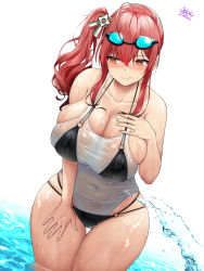 Rule 34 | 1girl, azur lane, bare shoulders, bikini, black bikini, blush, breasts, cleavage, closed mouth, collarbone, curvy, goggles, goggles on head, highres, large breasts, layered swimsuit, long hair, looking to the side, oekakizuki, one-piece swimsuit, red hair, see-through, side ponytail, sidelocks, simple background, solo, swimsuit, thick thighs, thigh gap, thighs, wet, white one-piece swimsuit, wide hips, yellow eyes, zara (azur lane), zara (poolside coincidence) (azur lane)