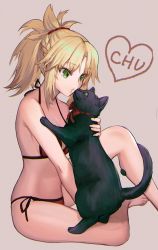 Rule 34 | 1girl, animal, animal on lap, bad id, bad twitter id, bare shoulders, bikini, blonde hair, braid, breasts, cat, cleavage, dolce (dolsuke), fate/grand order, fate (series), french braid, green eyes, grey background, halterneck, highres, looking at animal, medium breasts, midriff, mordred (fate), mordred (fate/apocrypha), mordred (swimsuit rider) (first ascension) (fate), on lap, parted bangs, ponytail, red bikini, side-tie bikini bottom, simple background, sitting, sleeveless, solo, string bikini, swimsuit