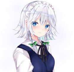 Rule 34 | 1girl, bad id, bad pixiv id, black ribbon, blue dress, blue eyes, bow, braid, breasts, closed mouth, collared shirt, dress, green bow, hair between eyes, izayoi sakuya, light smile, looking at viewer, maid, maid headdress, nanase nao, neck ribbon, ribbon, shirt, silver hair, sleeveless, sleeveless dress, small breasts, solo, touhou, twin braids, upper body, white shirt