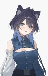 1girl animal_ears arch_05x asymmetrical_sleeves black_hair black_pants blue_eyes blue_hair blue_shirt blue_sleeves breasts cat_ears cat_girl chain chain_earrings cleavage cleavage_cutout clothing_cutout collared_shirt colored_inner_hair cowboy_shot detached_sleeves extra_ears hair_intakes highres hololive hololive_english large_breasts long_hair long_sleeves looking_at_viewer mismatched_sleeves multicolored_hair official_alternate_costume official_alternate_hairstyle open_mouth ouro_kronii ouro_kronii_(4th_costume) pants shirt simple_background sleeveless sleeveless_shirt solo virtual_youtuber white_background white_sleeves wolf_cut