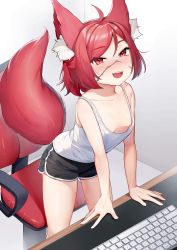 Rule 34 | 1girl, animal ear fluff, animal ears, bare shoulders, black shorts, blush, breasts, breasts apart, chair, collarbone, dolphin shorts, fox ears, fox girl, fox tail, highres, illian-san, keyboard (computer), looking at viewer, nose blush, original, red eyes, red hair, scar, scar on face, short hair, shorts, small breasts, solo, standing, table, tail, tank top, thighs
