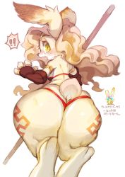 Rule 34 | 1girl, amazon (dragon&#039;s crown), animal ears, armor, ass, back, bikini armor, blonde hair, blush, circlet, dragon&#039;s crown, elbow gloves, fingerless gloves, furry, furry female, gloves, long hair, looking back, odin sphere, open mouth, polearm, pooka (odin sphere), rabbit, rabbit ears, rikose, simple background, solo, surprised, tail, tears, transformation, weapon, white background, yellow eyes