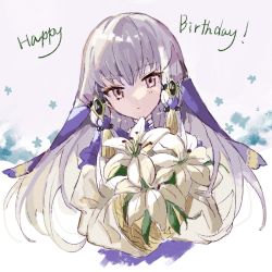 Rule 34 | 1girl, closed mouth, fire emblem, fire emblem: three houses, flower, hair ornament, happy birthday, highres, holding, long hair, long sleeves, lysithea von ordelia, namiharuru, nintendo, pink eyes, simple background, solo, upper body, white hair