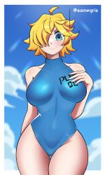 Rule 34 | 1girl, :&gt;, antennae, artist request, bare legs, bare shoulders, blonde hair, blue one-piece swimsuit, blue sky, breasts, curvy, emphasis lines, hair over one eye, hand on own chest, headphones, highres, large breasts, looking at viewer, one-piece swimsuit, one piece, shiny clothes, shiny skin, short hair, sky, solo, standing, swimsuit, thighs, vegapunk lilith, white hair, wide hips