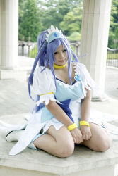 Rule 34 | 1girl, ankle boots, asian, blue eyes, blue hair, boots, bow, bracelet, breasts, choker, chouzuki maryou, cosplay, cure diamond, cure diamond (cosplay), dokidoki! precure, dress, headpiece, highres, jewelry, kneeling, large breasts, long hair, magical girl, matching hair/eyes, photo (medium), plump, ponytail, precure, puffy short sleeves, puffy sleeves, ribbon, short sleeves, solo, tiara