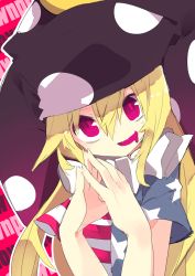 Rule 34 | 1girl, akimaki yuu, alternate headwear color, american flag dress, bad id, bad twitter id, blonde hair, clownpiece, fingers together, hat, highres, jester cap, long hair, looking at viewer, neck ruff, open mouth, polka dot, red background, red eyes, solo, touhou, very long hair