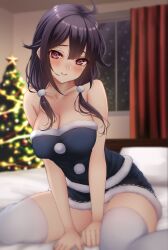 Rule 34 | 1girl, absurdres, ahoge, blush, breasts, christmas tree, cleavage, closed mouth, collarbone, curtains, highres, kantai collection, large breasts, long hair, low twintails, nuka (nvkka), pom pom (clothes), purple hair, red eyes, smile, solo, taigei (kancolle), thighhighs, twintails, white thighhighs, window