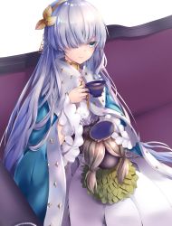 Rule 34 | 1girl, anastasia (fate), blue cloak, blue eyes, cloak, commentary, cup, doll, dress, fate/grand order, fate (series), fur trim, grey hair, hair ornament, hair over one eye, hairband, hane yuki, highres, holding, holding cup, jewelry, leaf hair ornament, long hair, necklace, orange hairband, royal robe, saucer, sitting, smile, solo, tea, very long hair, white dress