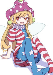 Rule 34 | 1girl, absurdres, american flag dress, american flag legwear, arm support, blonde hair, blush, clownpiece, dress, fairy, fairy wings, fang, hat, highres, jester cap, kame (kamepan44231), long hair, one-hour drawing challenge, open mouth, pantyhose, pink hat, polka dot, polka dot headwear, red eyes, simple background, skin fang, solo, star-shaped pupils, star (symbol), star print, striped clothes, striped dress, striped pantyhose, symbol-shaped pupils, touhou, white background, wings