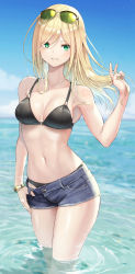 Rule 34 | 1girl, absurdres, armpits, bare arms, bare shoulders, bikini, bikini under clothes, black bikini, blonde hair, blue shorts, bracelet, breasts, cleavage, clothes pull, collarbone, day, denim, denim shorts, earrings, female focus, fingernails, glint, green eyes, grin, hand up, highres, hoop earrings, ichijoji kotna, isegawa yasutaka, jewelry, long hair, looking at viewer, medium breasts, navel, ocean, original, outdoors, pulled by self, ripples, short shorts, shorts, shorts pull, smile, solo, sparkle, standing, stomach, sunglasses, sunglasses on head, swimsuit, thighs, upper body, wading, water
