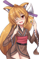 Rule 34 | 1girl, absurdres, adapted costume, animal ears, belt, black belt, blonde hair, blush, breasts, brown kimono, commentary request, cookie (touhou), cowboy shot, fang, fox ears, fox girl, fox tail, frilled kimono, frills, hair between eyes, hair ornament, hair stick, head tilt, highres, hyper muteki (ningen no kuzu), japanese clothes, kimono, looking at viewer, medium hair, miramikaru riran, new year, obi, open mouth, red eyes, red sash, sash, sidelocks, simple background, small breasts, smile, solo, tail, white background, wide sleeves