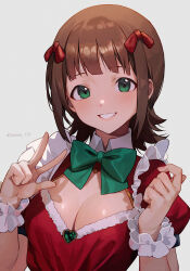 Rule 34 | 1girl, absurdres, amami haruka, blunt bangs, blush, bow, bowtie, breasts, brown hair, cleavage, cleavage cutout, clothing cutout, collared shirt, commentary request, commission, fingernails, frilled shirt, frills, fur-trimmed shirt, fur trim, gem, green bow, green bowtie, green eyes, green gemstone, grey background, grin, hair bow, hands up, heart, heart-shaped gem, highres, idolmaster, idolmaster (classic), large breasts, looking at viewer, parted lips, pixiv commission, red bow, red shirt, shirt, short hair, simple background, smile, solo, sooon, twitter username, upper body, w, wrist cuffs