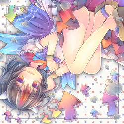 Rule 34 | 1girl, ass, black hair, bracelet, coa (chroo x), dress, grey horns, horns, jewelry, kijin seija, looking at viewer, multicolored hair, open mouth, pointer, puffy sleeves, red hair, short sleeves, solo, streaked hair, touhou, upside-down
