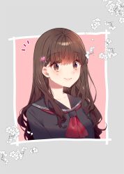 Rule 34 | 1girl, ayaka (disagree), brown eyes, brown hair, commentary request, fate/extra, fate (series), flower, hair ornament, hairclip, highres, kishinami hakuno (female), long hair, looking at viewer, neckerchief, red neckerchief, sailor collar, school uniform, serafuku, smile, solo, tsukumihara academy uniform (fate/extra ccc)
