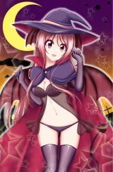 Rule 34 | 1girl, :d, alternate costume, bat (animal), bat wings, black bra, black panties, black thighhighs, blush, bra, breasts, cape, cleavage, cloud, crescent moon, demon tail, elbow gloves, gloves, halloween, hat, head wings, highres, house, koakuma, long hair, looking at viewer, low wings, moon, navel, night, night sky, open mouth, panties, pointy ears, red eyes, red hair, reimei (r758120518), see-through, skindentation, sky, small breasts, smile, solo, star (symbol), tail, thigh gap, thighhighs, touhou, underboob, underwear, very long hair, wings, witch hat, zettai ryouiki