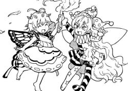 Rule 34 | 2girls, american flag dress, american flag legwear, antennae, barefoot, butterfly wings, closed eyes, clownpiece, dress, eternity larva, fairy, fairy wings, grey hair, greyscale, hair between eyes, hat, holding, holding torch, insect wings, jester cap, kinosaki, leaf, leaf on head, long hair, long sleeves, monochrome, multicolored clothes, multicolored dress, multiple girls, open mouth, pantyhose, polka dot, short hair, simple background, single strap, smile, star (symbol), star print, striped clothes, striped dress, striped legwear, striped pantyhose, torch, touhou, white background, wings
