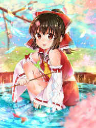 Rule 34 | 1girl, :p, absurdres, ascot, bad id, bad pixiv id, blush, brown eyes, brown hair, cherry blossoms, detached sleeves, feathers, fish, full body, gohei, goldfish, hair ornament, hair ribbon, hair tubes, hakurei reimu, highres, japanese clothes, long sleeves, looking at viewer, miko, partially submerged, petals, ponytail, ribbon, samayoi, shirt, shoes, short hair, skirt, skirt set, smile, socks, solo, squatting, tongue, tongue out, touhou, water, wet, white socks, wide sleeves