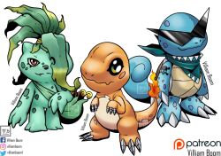 Rule 34 | bulbasaur, charmander, claws, creatures (company), digimon, digimon (creature), fire, game freak, gen 1 pokemon, highres, kamina shades, looking at viewer, nintendo, pokemon, simple background, skull, smile, squirtle, villiam boom, white background
