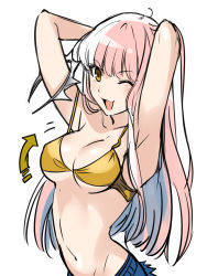 Rule 34 | 1girl, ;d, aono shimo, armpits, arms behind head, bad id, bad pixiv id, bikini, bikini top only, breasts, brown eyes, cleavage, crown, unworn crown, fate/grand order, fate (series), groin, highres, long hair, looking at viewer, medb (fate), medb (fate), navel, one eye closed, open mouth, pink hair, simple background, smile, solo, swimsuit, underboob, weapon, yellow bikini
